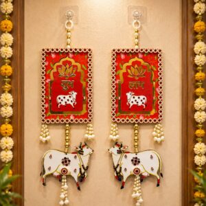 Pichwai Kamdhenu Cow Shubh Labh Latkan Pair for Main Entrance Decor